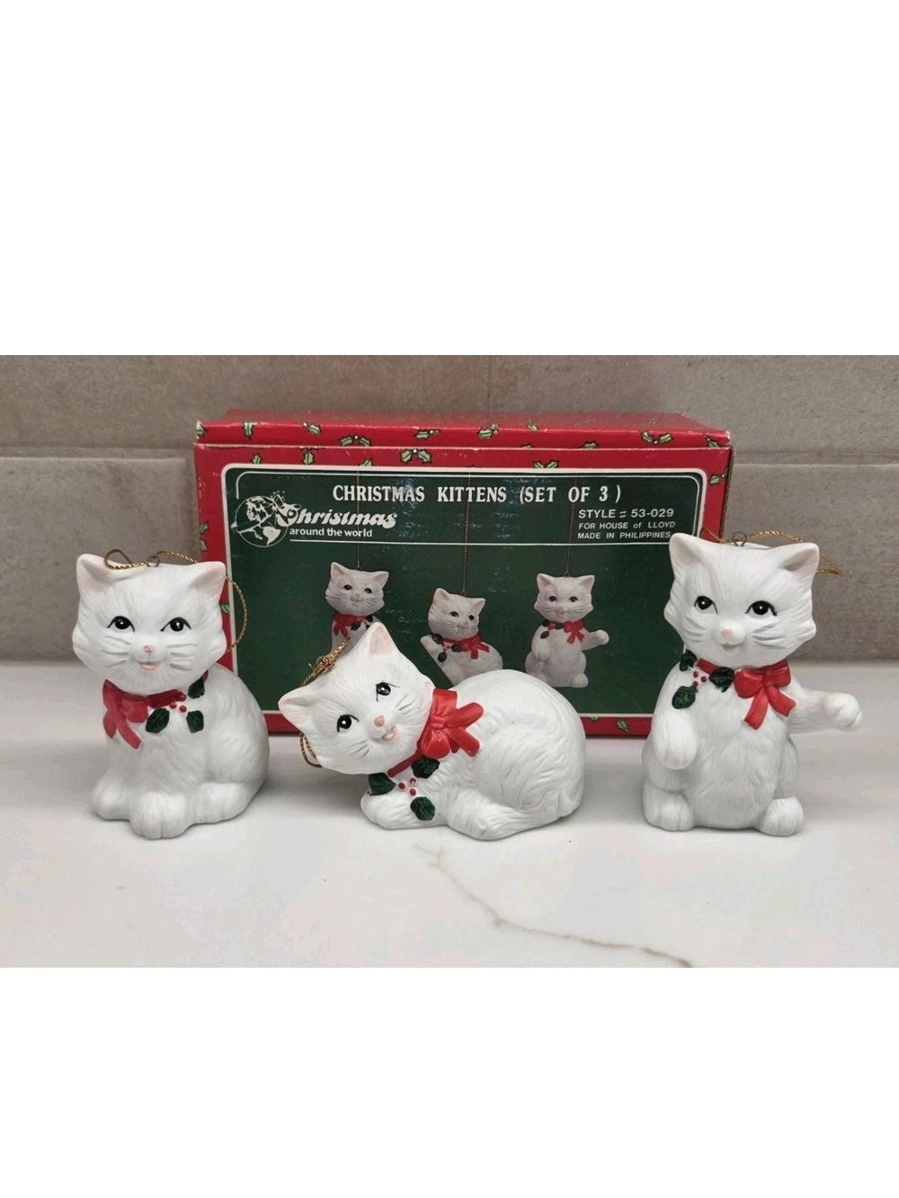 Vintage House Of Lloyd Christmas Around The World 3 White Kittens Cats Ornaments